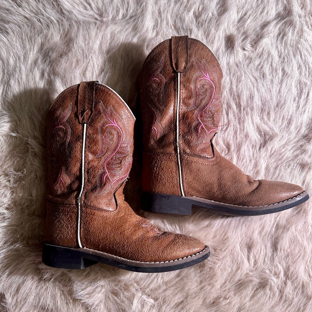 Toddler Girl Brown Pink Western Cowboy Boots | Size 1 | Leather Made in India